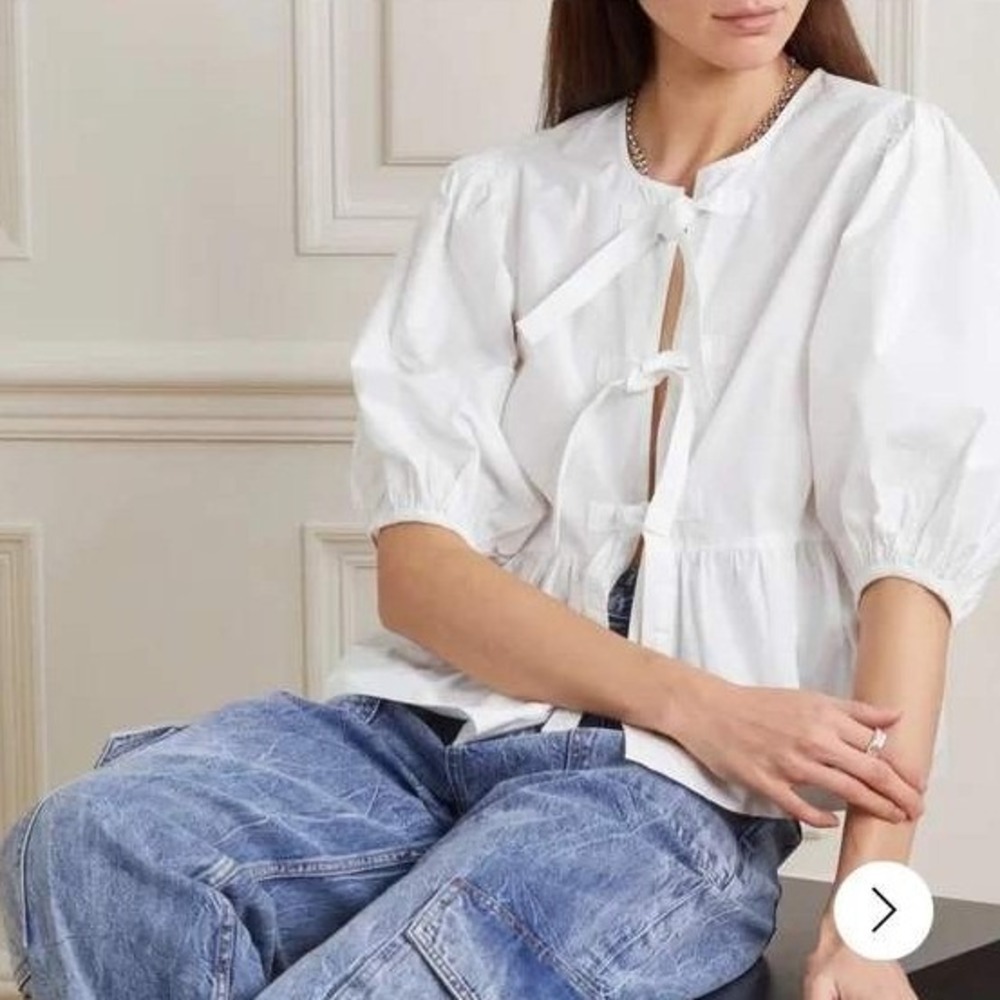 Ganni White Cotton Tie-Front Puff Sleeve Blouse